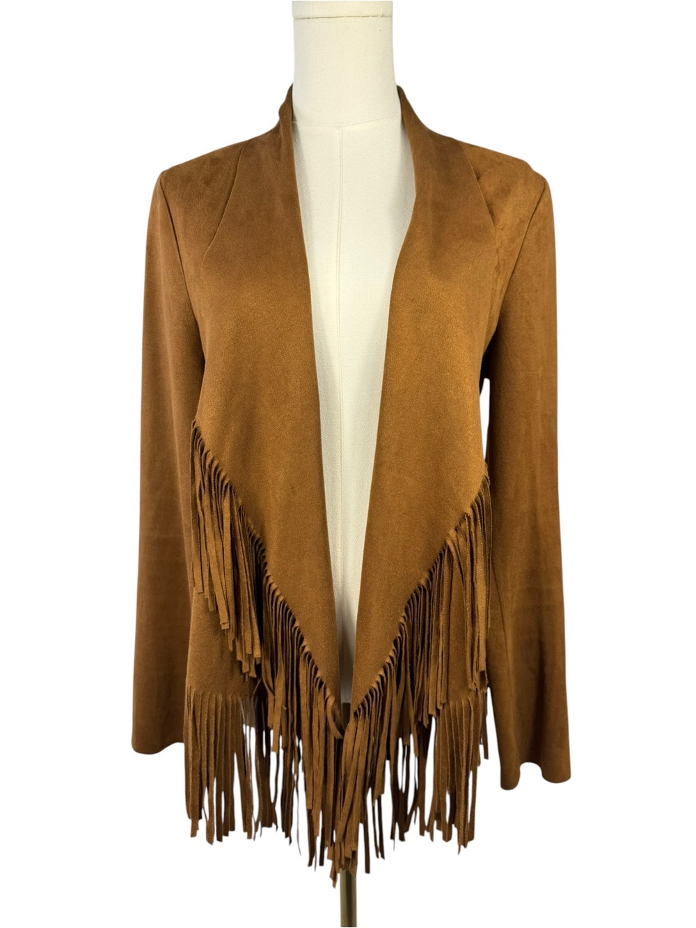 Blu Pepper Faux Suede Fringe Waterfall Jacket Cardigan Brown L Western Boho